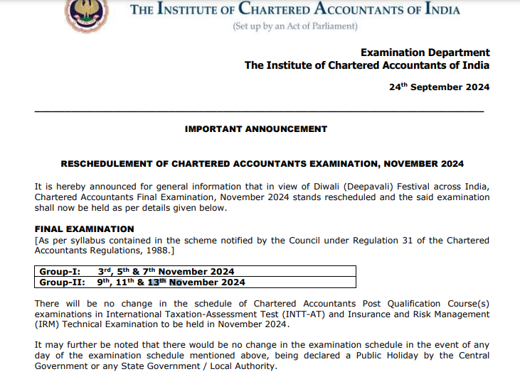 grow_knowlege's tweet photo. "📢 Important update! CA Final exam for Nov 2024 has been postponed. Stay tuned for new dates! #CAFinal #ExamPostponed #CAFinal2024exampostponed #CAFinal2024
#growknowledge #icai
#cafinalexamnov2024postponed https://t.co/cbYEA8BkCX
