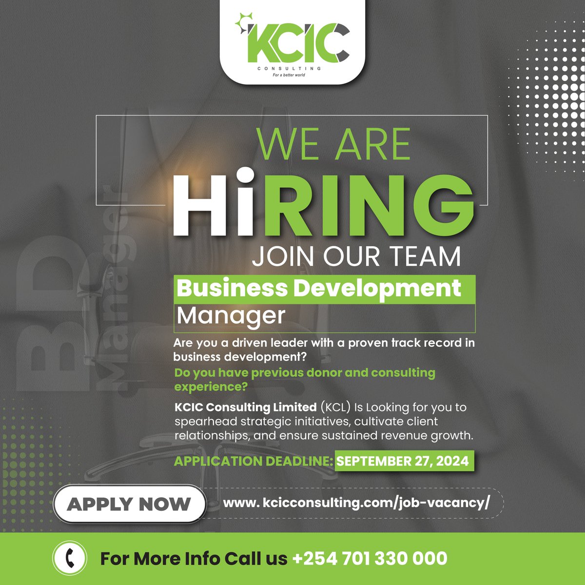 Kcic_Consulting's tweet photo. 🚨 3 Days Left to Apply!🚨 
We're hiring a Business Development Manager at KCL! If you’ve got experience in donor engagement, consulting, and business strategy, apply by Sept 27! 
Send your 3 page CV and cover letter to info@kcicconsulting.com

#DonorEngagement #CareerOpportunity https://t.co/7yOYin8nLB