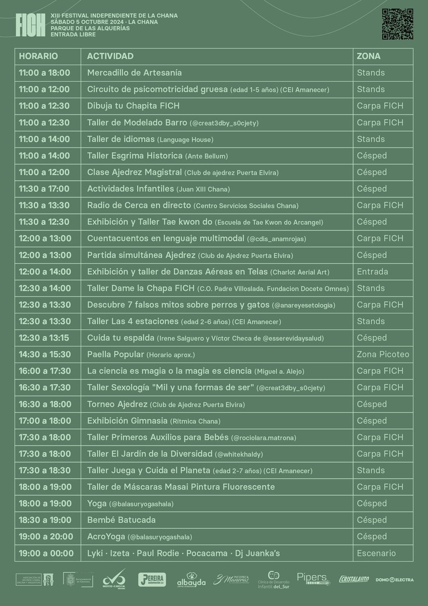 Aquí os dejamos el horario de todas las actividades que tendremos en esta 13ª edición del FICH 💚🎉

🎉 FICH

🗓️ sábado 5 de octubre

📍 Parque de las Alquerías (La Chana) Granada

⌚ de 11:00 a 00:00 

🎫 ENTRADA GRATUITA

#FICH #LaChana #LaChanaEsCultura #cultura #Granada