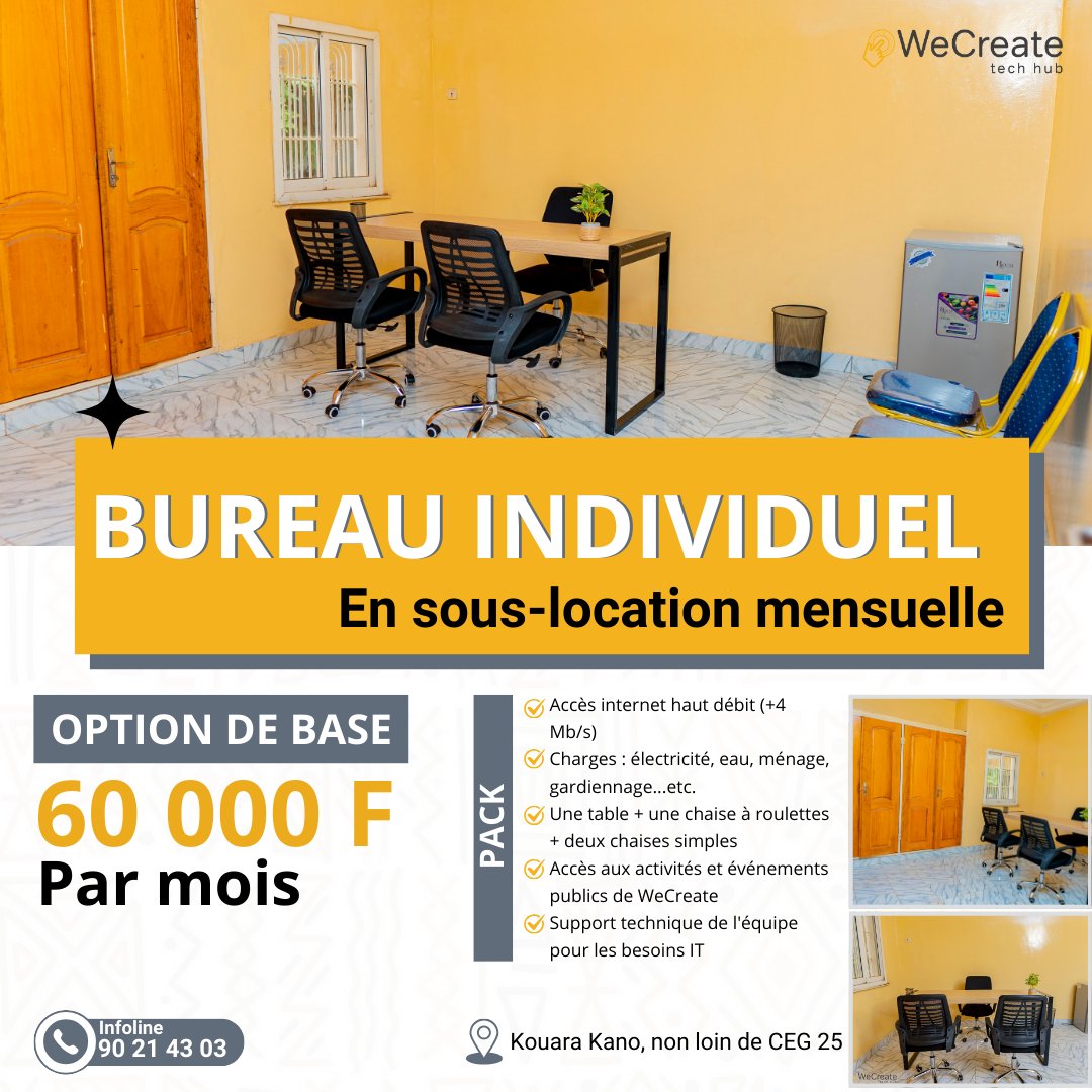 Wecreate17's tweet photo. En plus de notre espace de coworking accessible à 3000F/jour, à @Wecreate17, nous avons des 𝐛𝐮𝐫𝐞𝐚𝐮𝐱 individuels disponibles en sous-location mensuelle pour les jeunes freelances, consultants et entrepreneurs qui se lancent en petite équipe, au tarif de 60 000 F/mois.

 1/3 https://t.co/eg4S7GuPCt