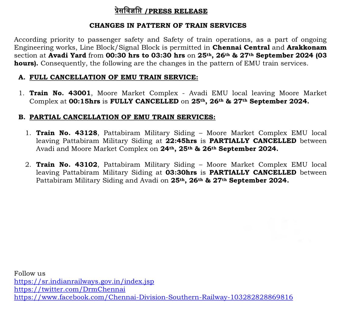 DrmChennai's tweet photo. As part of ongoing engineering works, Line Block/Signal Block is permitted in #Chennai Central &amp; #Arakkonam
section at #Avadi Yard on 25th, 26th &amp; 27th September 2024

Passengers, kindly take note.

#SouthernRailway #RailwayUpdate #RailwayAlert https://t.co/yiebgl2wPD