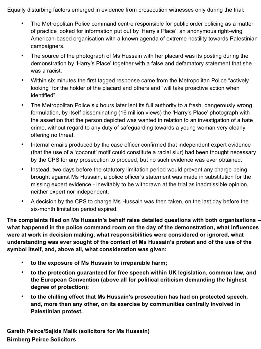 Solicitors of Marieha Hussain lodge formal complaints re CPS and Met Police re her prosecution