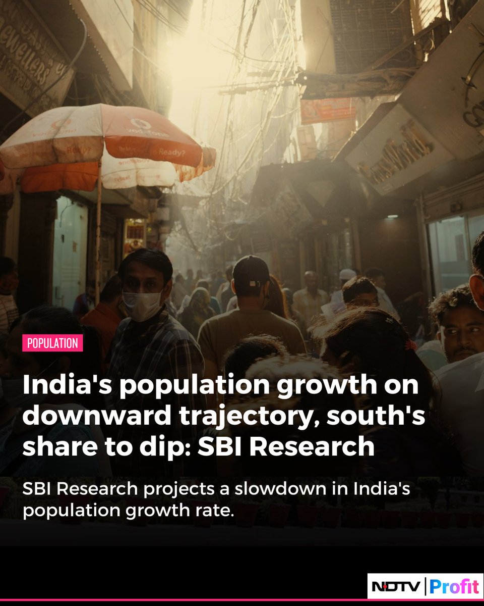 NDTVProfitIndia's tweet image. #SBIResearch projects a slowdown in India's population growth rate, with a lower acceleration expected over the next decade.

Read: bit.ly/4gzTH1G