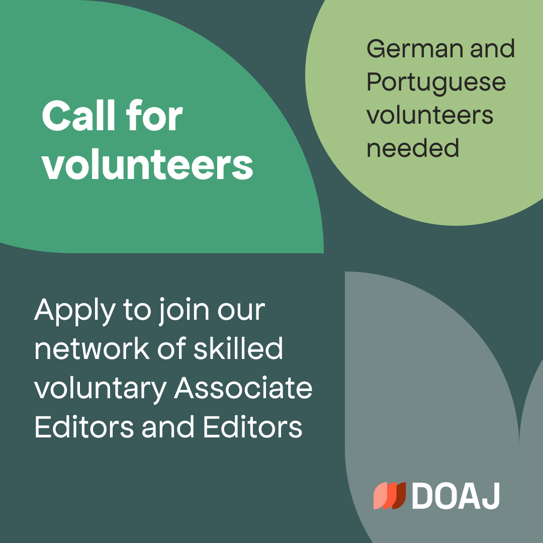 DOAJplus's tweet photo. 📣 Call for volunteers!
We are looking for German and Portuguese speaking individuals who wants to join our network of skilled voluntary Associate Editors and Editors⭐
Read more and apply below:
https://t.co/FaX4eYw3hE
#Volunteering #DOAJ #OpenAccess #JournalPublishing https://t.co/I41kBqFC68