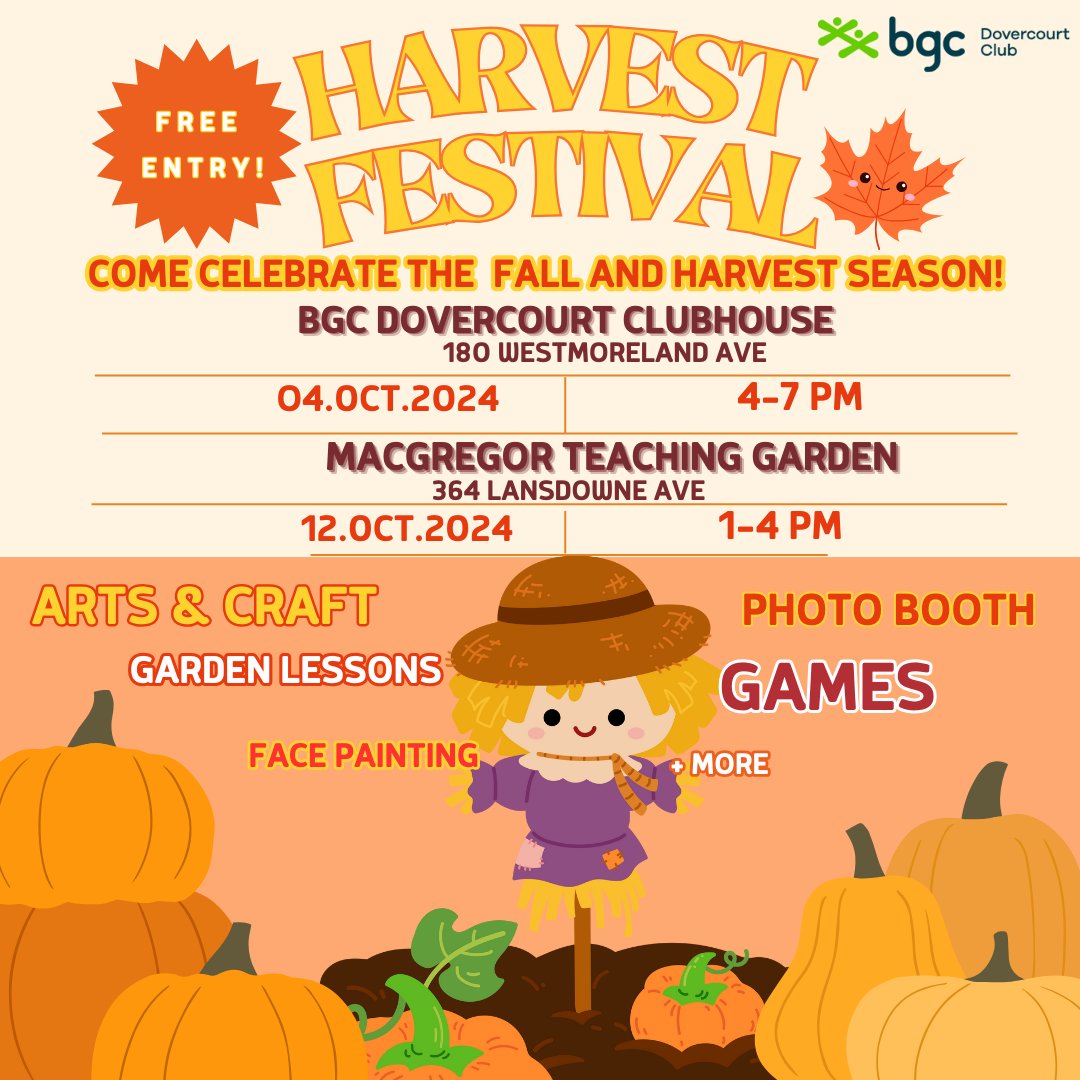 Celebrate the season at our annual Harvest Festival! Join us on October 4 at the Dovercourt Clubhouse and October 12 at Macgregor Park for a fun-filled afternoon of games, prizes, gardening and crafts. Bring your friends and family for an unforgettable day 🍁🍂