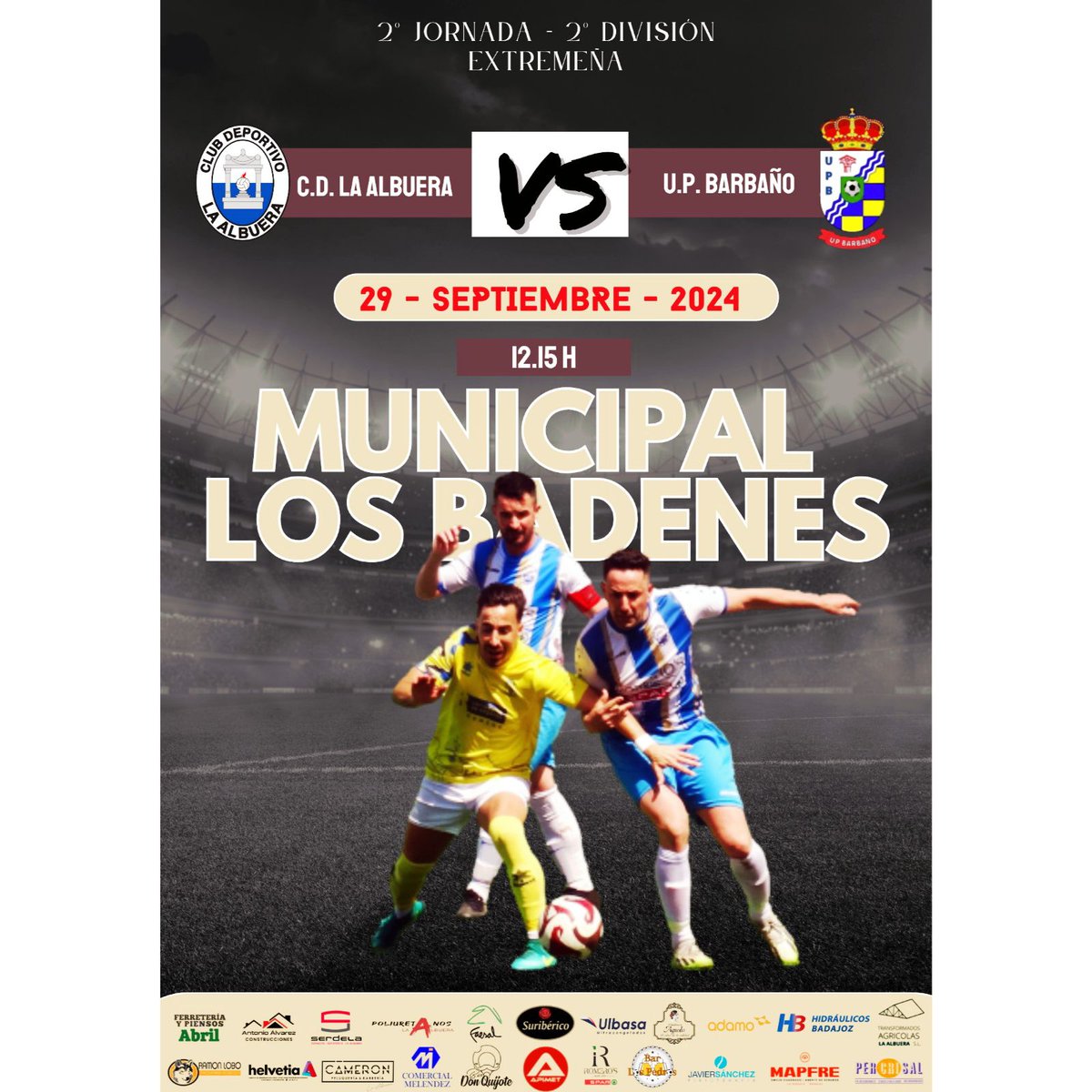 OFICIAL| PARTIDO ⚽️

2° JORNADA| 2• DIVISIÓN EXTREMEÑA

<a href="/cdlaalbuera/">CD La Albuera</a> vs <a href="/up_barbano/">Unión Polideportiva Barbaño</a> 

📆 29 de Septiembre de 2024

⏰️ 12.15h

🏡 Municipal "Los Badenes"

Vamos afición, vuestro equipo os necesita 💙🤍

#sentimientoblanquiazul #laalbueradeporte <a href="/fedexfutbol/">Fexfutbol</a> <a href="/pysextremena/">Primera y Segunda División Extremeña</a>