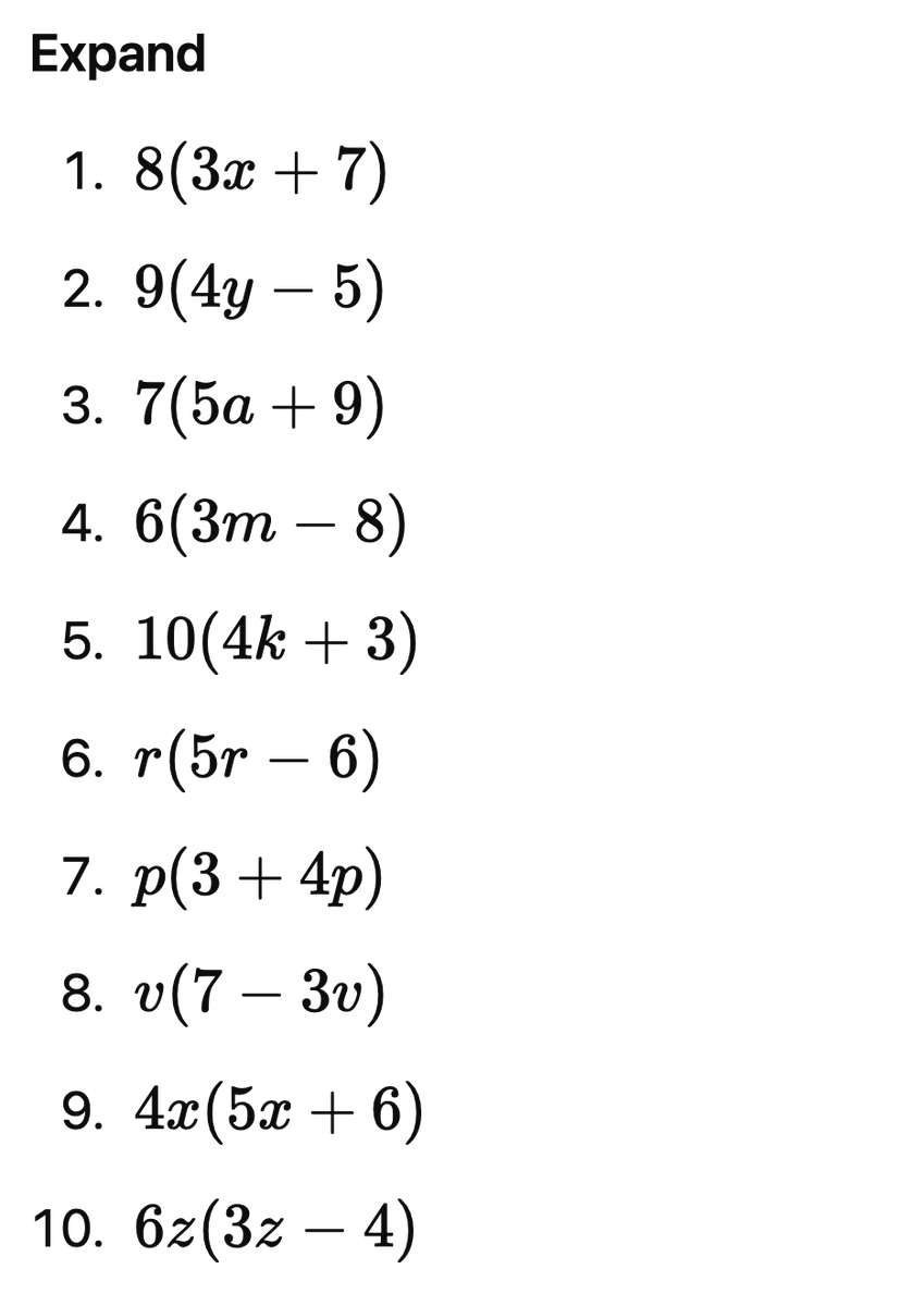 GuideCalculator's tweet photo. Expanding Single Bracket Practice - 4 sets of 10.
Just used ChatGPT to put together these for a student so feel free to use for anyone who needs extra single bracket expansion questions #gcsemaths #gcsefoundation #gcsetuition #foundationmaths https://t.co/5gjWX9TlxB