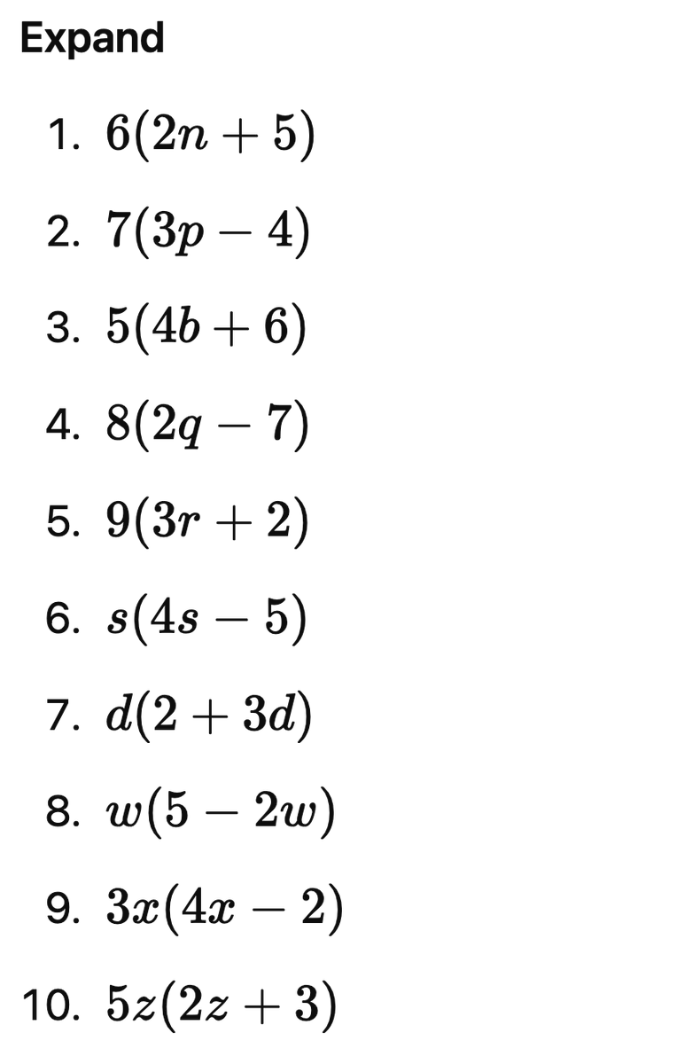 GuideCalculator's tweet photo. Expanding Single Bracket Practice - 4 sets of 10.
Just used ChatGPT to put together these for a student so feel free to use for anyone who needs extra single bracket expansion questions #gcsemaths #gcsefoundation #gcsetuition #foundationmaths https://t.co/5gjWX9TlxB
