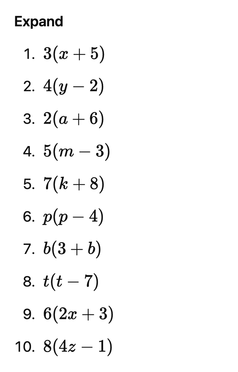 GuideCalculator's tweet photo. Expanding Single Bracket Practice - 4 sets of 10.
Just used ChatGPT to put together these for a student so feel free to use for anyone who needs extra single bracket expansion questions #gcsemaths #gcsefoundation #gcsetuition #foundationmaths https://t.co/5gjWX9TlxB