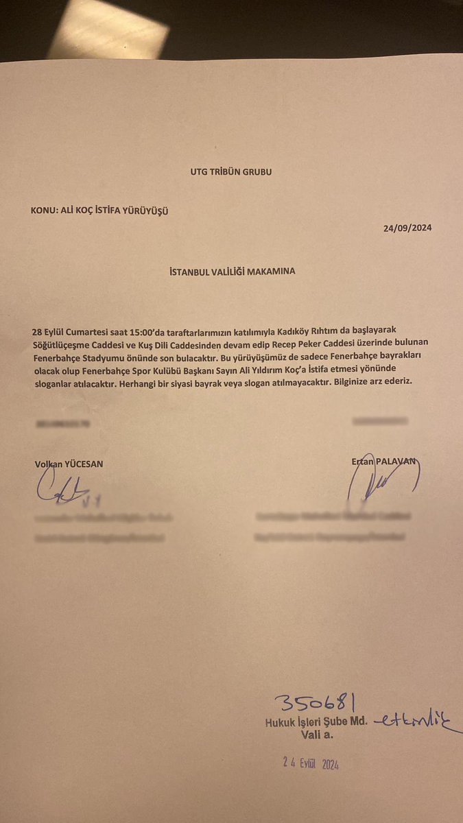 28 Eylül Cumartesi saat 15.00'te Rıhtım'dan başlayıp stadımızda sonlanacak istifa yürüyüşümüz için dilekçemizi İstanbul Valiliği'nin ilgili birimine teslim ettik.

#Alikocistifa