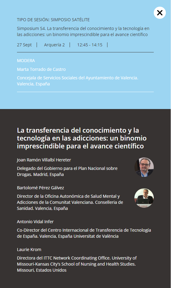 🚨 ¡No te lo pierdas! Presentación ITTC Spain en el 6º Congreso Internacional y 51 Jornadas Nacionales de @Sociodrogalcohol 📅 27/09, Museo de las Ciencias, VLC. Simposio: La transferencia del conocimiento y la tecnología en las adicciones. Con Antonio Vidal-Infer y Laurie Krom