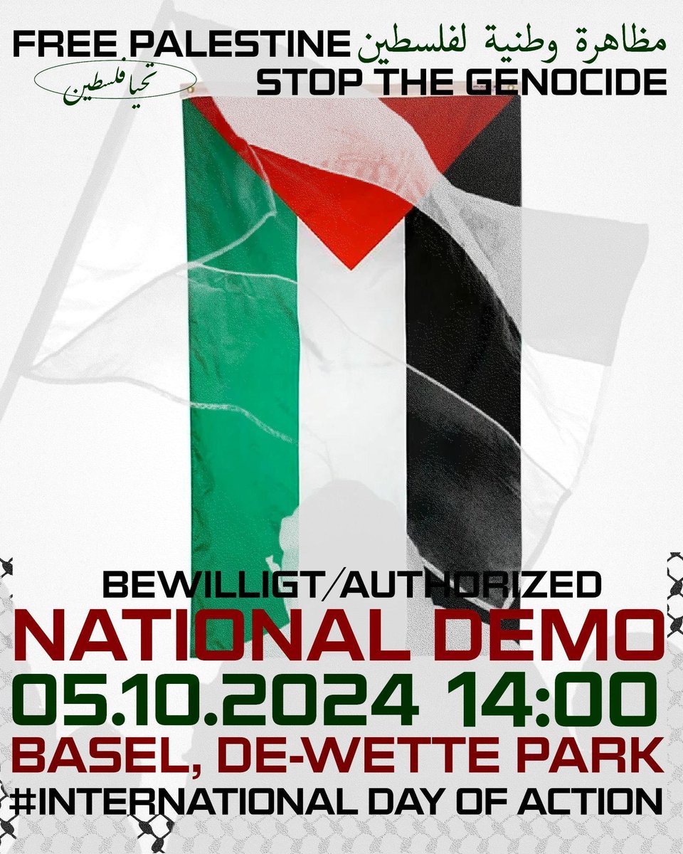 DEMO 5.10. in #Basel!
Reserviert den Termin, beteiligt euch an der Mobilisierung! Durchbrechen wir gemeinsam das Schweigen, machen wir Druck von unten gegen die Kollaboration der Schweiz am Genozid in Gaza!
#FreePalestine #StopTheGenocide #BS0510