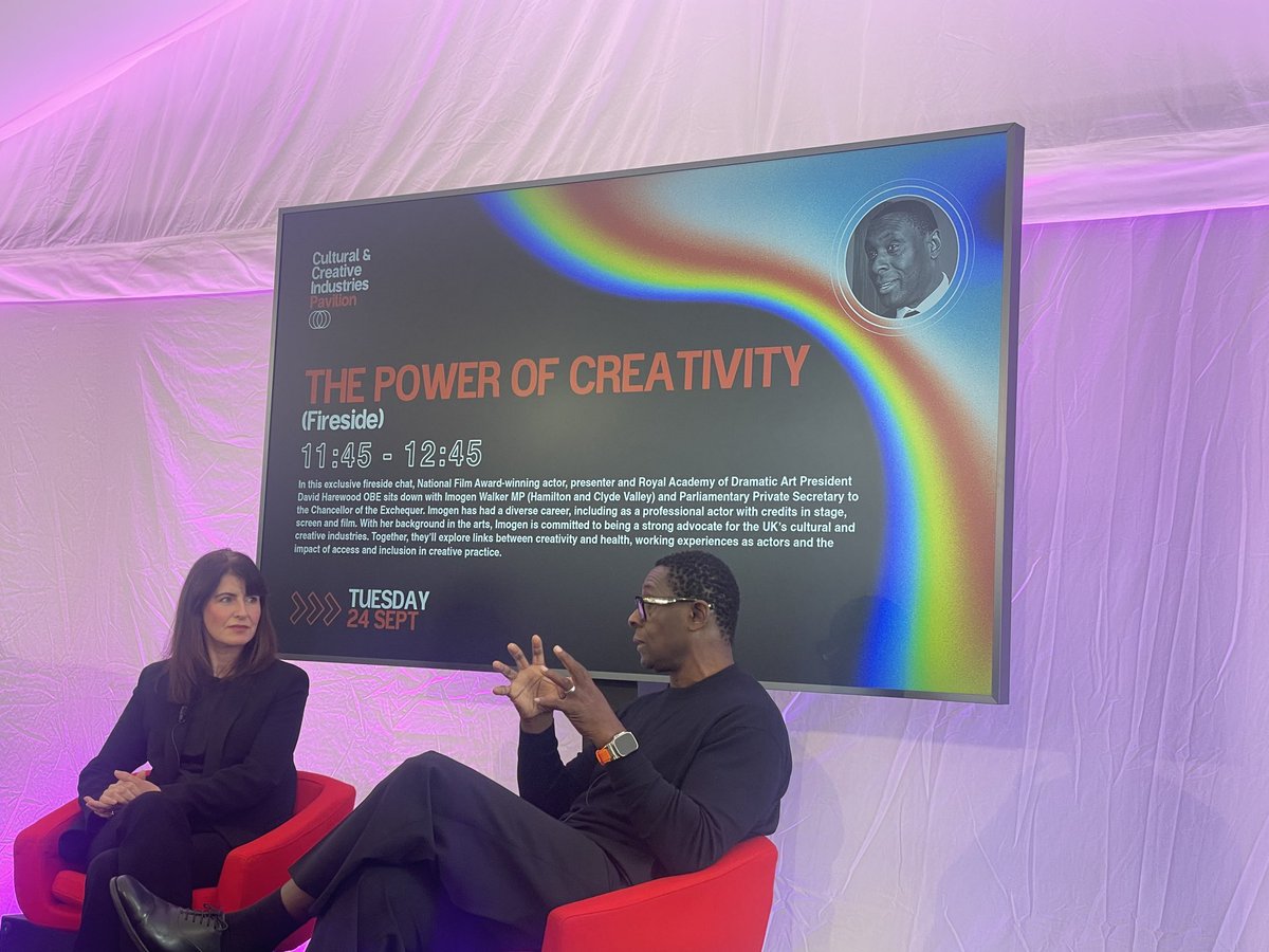 David Harewood and Imogen Walker MP in conversation. David emphasising the importance of arts in education and supporting creatives. ⁦<a href="/DavidHarewood/">David Harewood</a>⁩
