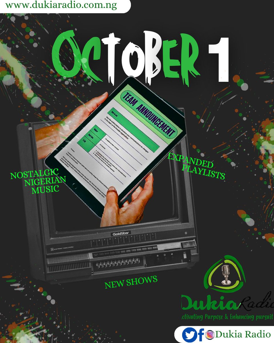 DukiaRadio's tweet photo. October is looking good! 👏🏾🕺🏾We are set to roll out a blazing trail of new inspiring shows, expanded playlists, a plethora of nostalgic Nigerian music, and a pool of vibrant voices that will thrill your listening pleasure on Dukia Radio. https://t.co/2g0841TS6N