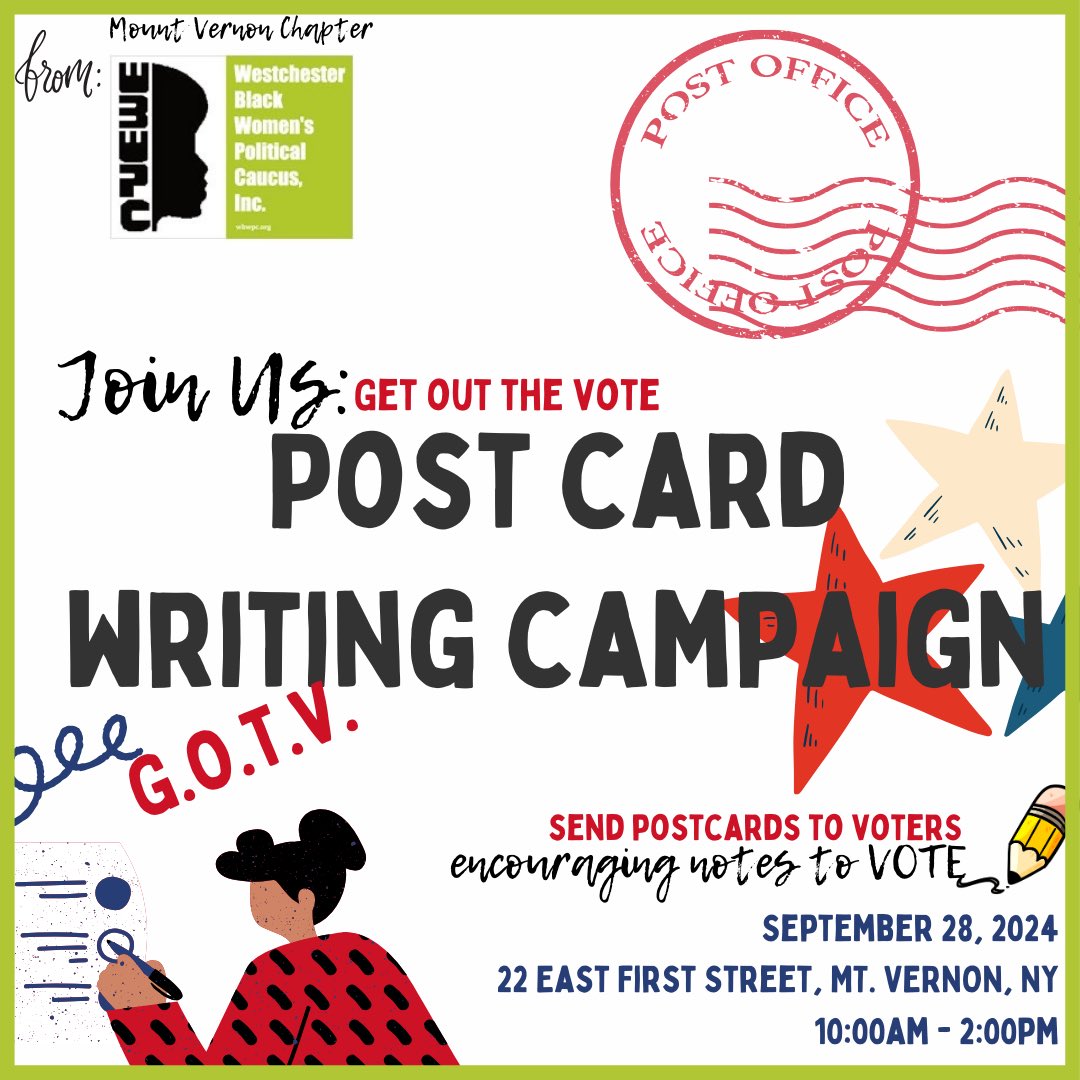 WBWPC's tweet photo. 📆Saturday, September 28, 2024 in
📍Mt. Vernon at 22 East First Street
⏰10am to 2pm
✏️Post Card Writing Campaign
GET OUT THE VOTE “G.O.T.V.”
#wbwpc #wbwpcmountvernon #wbwpcyonkers #wbwpcnewrochelle #wbwpcgreatbedford #wbwpcpeekskill #wbwpcgreenburgh https://t.co/AIs1yjWdRZ