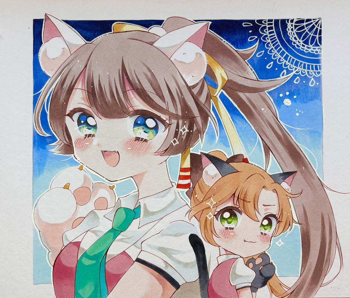 秋雲(艦これ) ,風雲(艦これ) 「風雲&amp;秋雲にゃんぺあ#風雲 #秋雲 #コピック #アナログ 」|あすみ@4/16 白露型委託のイラスト