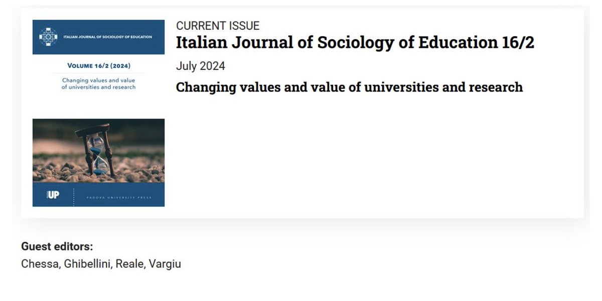 📢 #IRCrES #Volumi
📚E’ uscito il volume 16 n. 2 dell’ Italian Journal of Sociology of Education (PadovaUniversity Press). 

✍️Guest editors <a href="/realeemanuela2/">Emanuela</a>  con Stefano Chessa, Valentina Ghibellini e Andrea Vargiu

🔎ircres.cnr.it/guest-editor-i…