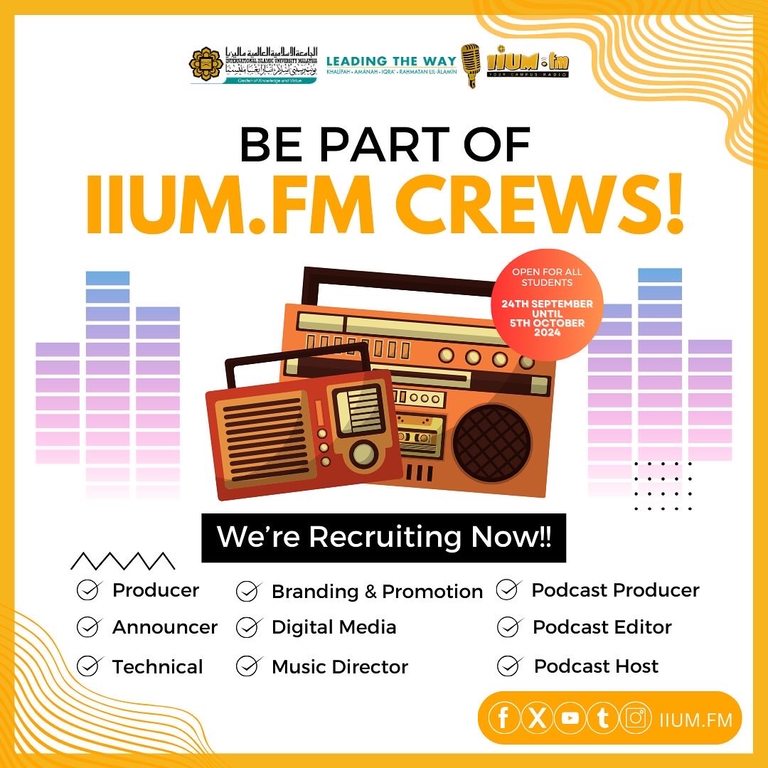iium_fm's tweet photo. BECOME A PART OF https://t.co/565eG3y23Z'S CREWS! ✨

Assalamualaikum and Greetings, Everyone!

Are you passionate about the radio industry? Eager to learn how radio shows are produced? Want to discover the workings of a media organization? https://t.co/mxvDzgcz0L
