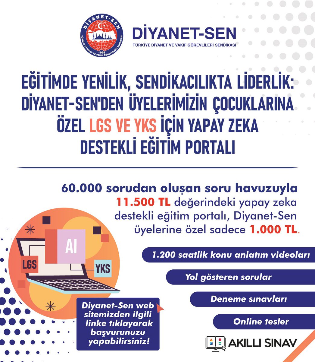 📌Eğitimde Yenilik, Sendikacılıkta Liderlik!

🔺Üyelerimizin çocuklarına LGS (liseye giriş sınavı) ve YKS ( üniversiteye giriş sınavı) na yönelik kırk bir yıllık tecrübesiyle Karacan Akademi ile piyasada 11.500 ile 29.000 TL arasında olan yapay zeka destekli doping hafızayı