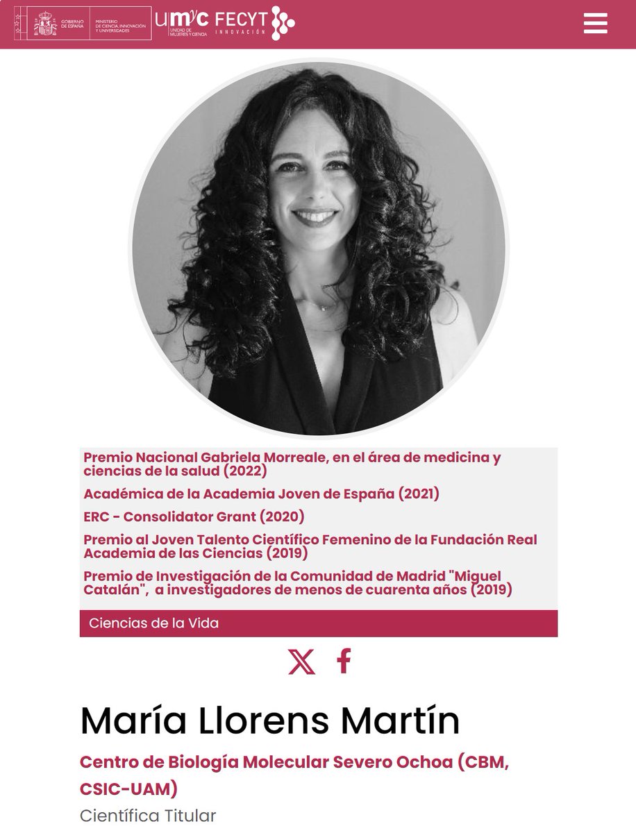 Hoy en #11F365 María Llorens Martín, Lcda CC. Biológicas y Dra. Biología.

Científica Titular en el <a href="/CBM_CSIC_UAM/">Centro de Biología Molecular Severo Ochoa</a>, dirige el <a href="/LlorensLab/">LlorensLab</a>. Académica de la <a href="/academia_joven/">Academia Joven de España</a>.

#ERCConsolidatorGrant2020 del <a href="/ERC_Research/">European Research Council (ERC)</a>. Premio Nacional #GabrielaMorreale2022.

cientificasinnovadoras.fecyt.es/cientificas/ma…