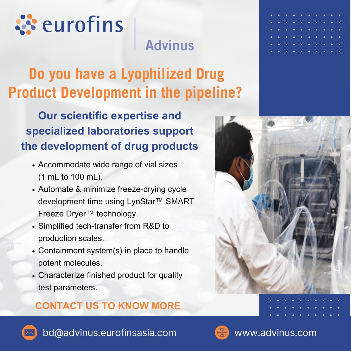 advinus's tweet photo. Are you developing a lyophilized drug product? We have the scientific expertise and specialized laboratories to support you advance these drug products. 
Connect with us today to discuss your requirements - 📧 bd@advinus.eurofinsasia.com 
#drugdevelopment #lyphilizeddrugs #CDMO https://t.co/LGFTT3B5pO