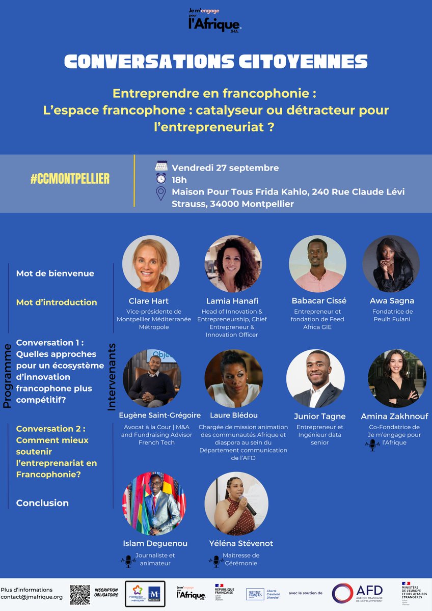🌍 J-3 avant les Conversations Citoyennes à Montpellier ! Le 27 septembre, rejoignez-nous pour une discussion franche sur l'avenir de l'entrepreneuriat en Francophonie. 🚀
👉 Ne ratez pas cette occasion d’échanger avec des experts ! Inscrivez-vous ici : lnkd.in/eqQr2BuG