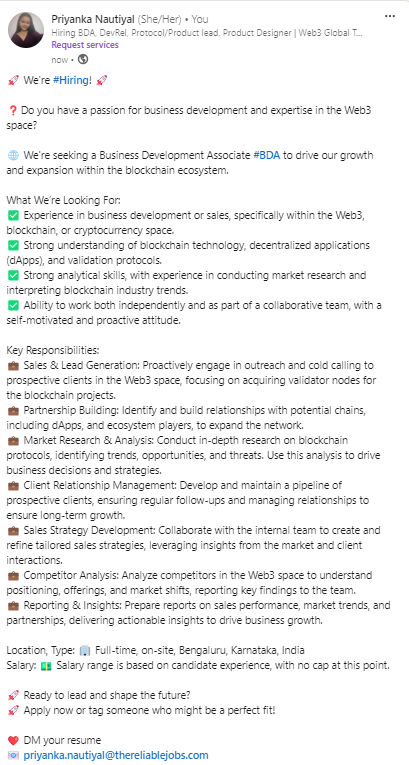 Priyanka_web3's tweet photo. @TheReliableJobs 
🚀 We’re #Hiring! 
❓ Do you have a passion for business development and expertise in the Web3 space?
✨Share your resume: 
🤝TG ID: https://t.co/qBMYQa8Z9f
🤝LinkedIn: https://t.co/jj2tDkr5HV
🤝TG ID: https://t.co/8JvZRhBSlc
🤝TG Group: https://t.co/3z9PlfJLPy https://t.co/OLzwes0vy1