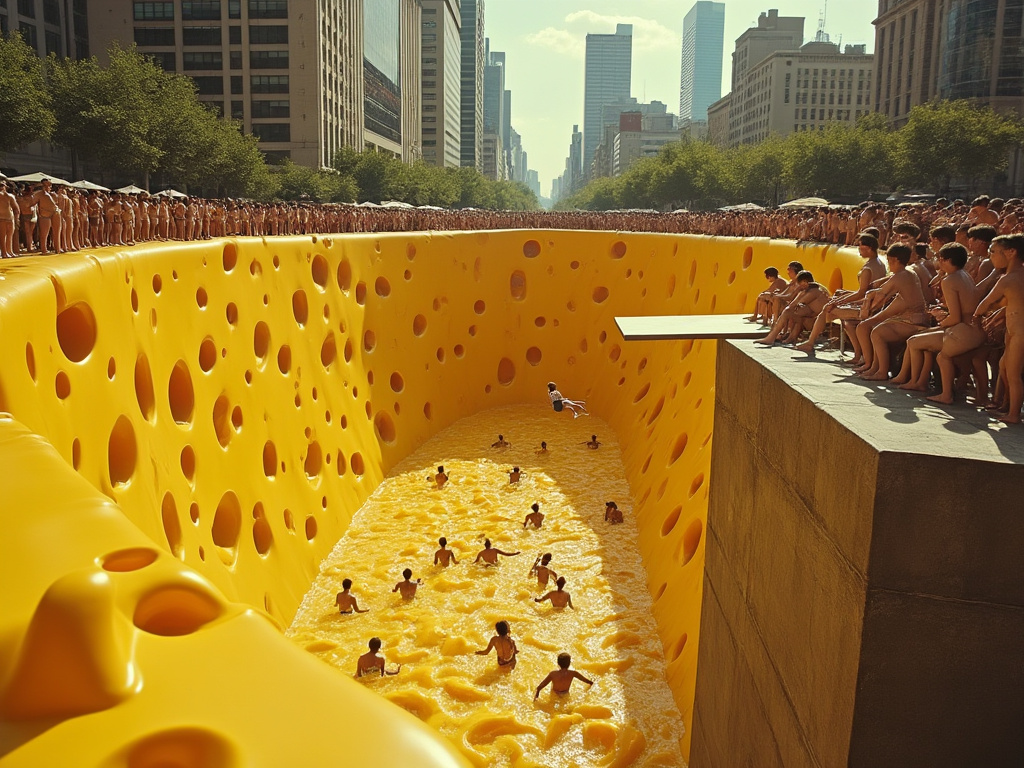 nu_vogue_art's tweet photo. Down Town Pop-UP Cheese swimming pool, appears over night, huge crowds gather the next day. Only Ultra Cheese Lovers Take the Plunge at their own Risk.
QT your Cheese Art
#AIart #AIartwork #AI #GenerativeAI #creative #Storytelling #CheeseLife #funny #digitalart https://t.co/AXu8U7HFbn
