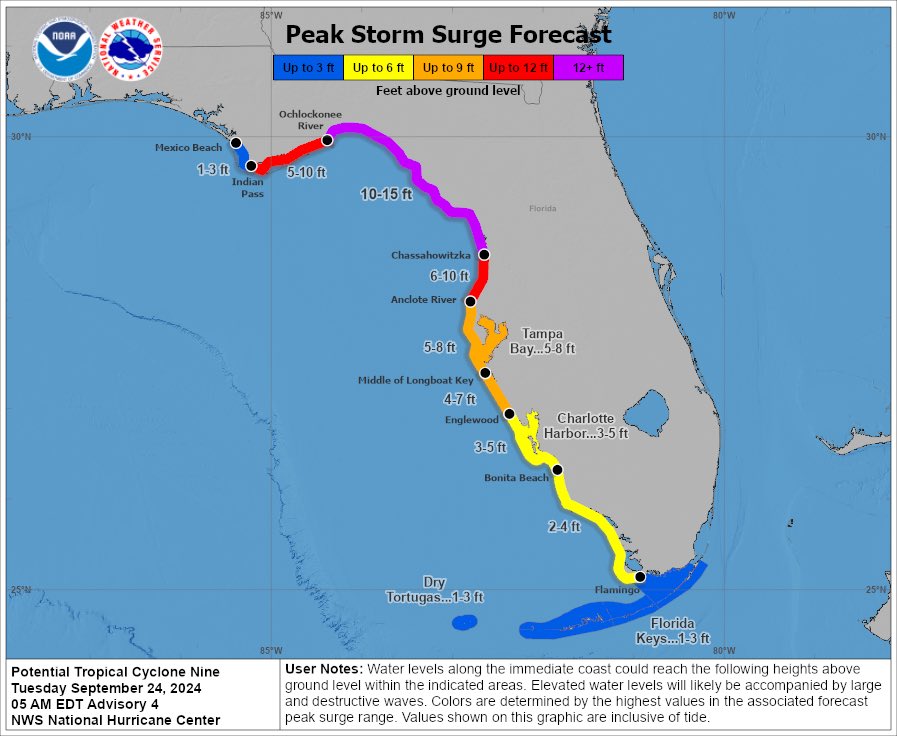 wxalertbot's tweet photo. Catastrophic surge expected from #09L in most of the Florida big bend, this is very rare for a PTC to have such high forecasted values. Watching closely.

#flwx #tropicswx #Helene https://t.co/mazdOT4Bvt