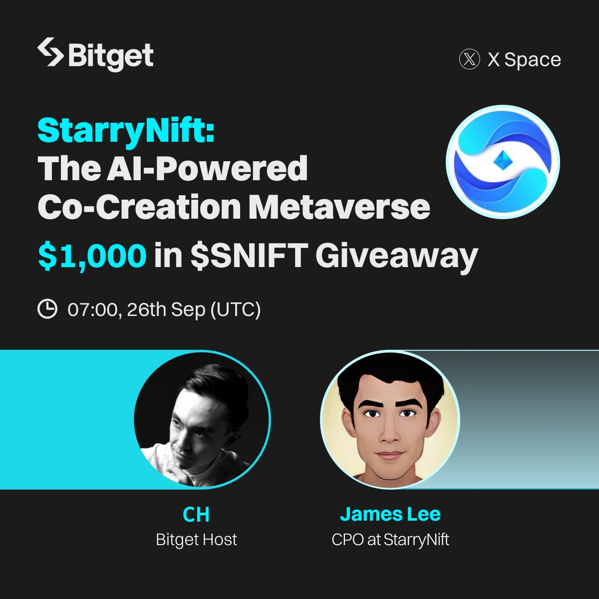 🎙️ Get ready for our X Space with <a href="/StarryNift/">StarryNift</a> $SNIFT, the AI-powered co-creation #metaverse!

💰 $1,000 in $SNIFT giveaway (20 winners)

🔹 Follow <a href="/bitgetglobal/">Bitget</a> <a href="/StarryNift/">StarryNift</a> &amp; RT
🔹 Join us here: x.com/i/spaces/1yoKM…
🔹 Drop a screenshot of you in the space