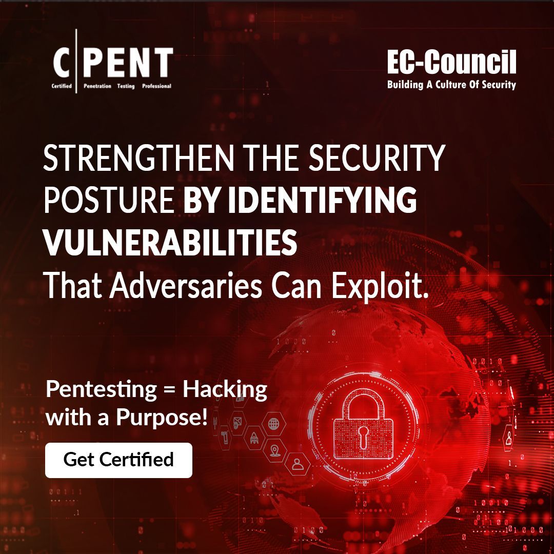 ECCOUNCIL's tweet photo. #CPENT experts implement double pivoting and binary exploitation techniques to encounter complex security challenges and share comprehensive reports to help organizations strengthen their security posture.
Get certified: https://t.co/m1UNjLbECP
#PenetrationTesting #PenTest #ECCouncil