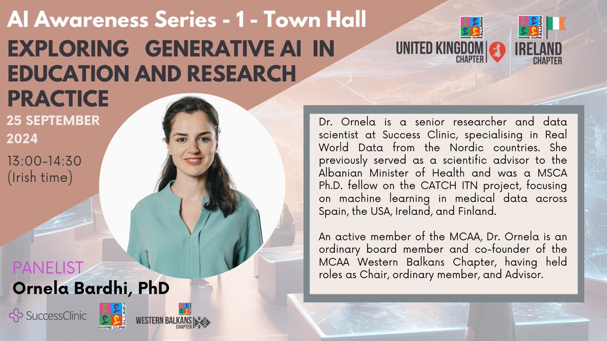 MCAA Ireland Chapter (@mcaa_ireland) on Twitter photo 🌟 Introducing Our Last Panelist 🌟
Tomorrow, <a href="/ornelabardhi/">Ornela Bardhi, PhD</a> will join our panel to discuss MCAA's role in integrating generative AI into research and education.
🔗Don’t miss this important discussion! mariecuriealumni-eu.zoom.us/meeting/regist… 🌟 Introducing Our Last Panelist 🌟
Tomorrow, <a href="/ornelabardhi/">Ornela Bardhi, PhD</a> will join our panel to discuss MCAA's role in integrating generative AI into research and education.
🔗Don’t miss this important discussion! mariecuriealumni-eu.zoom.us/meeting/regist…