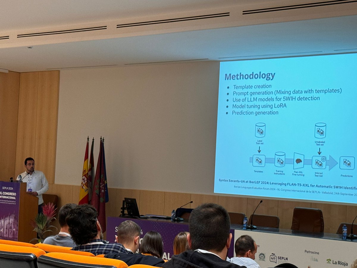 gplsi's tweet photo. 🎤@edugredu, investigador del #gplsi, explica su participación junto a @ahmexbeg115 en la competición FLARES, enmarcada en el Congreso de la @sepln2024uva, para la extracción de información en noticias en español 📰🖥️ @Cenid_Alicante @ujaen @La_UPM #IberLEF https://t.co/Pi6EjaaQW4