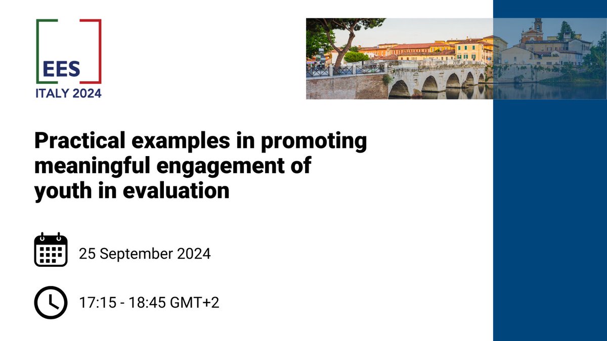 Marco Segone (@msegone) on Twitter photo What are practical ways to advance meaningful youth engagement in evaluation?
I’m honored to join <a href="/EES_Eval/">European Evaluation</a>'s Taruna Gupta & May Pettigrew and <a href="/EcaEval/">EvalYouthECA</a>'s Lea Corsetti in the #EES24 discussion on 🗓️25 Sept
🔗ees-conference2024.com What are practical ways to advance meaningful youth engagement in evaluation?
I’m honored to join <a href="/EES_Eval/">European Evaluation</a>'s Taruna Gupta & May Pettigrew and <a href="/EcaEval/">EvalYouthECA</a>'s Lea Corsetti in the #EES24 discussion on 🗓️25 Sept
🔗ees-conference2024.com