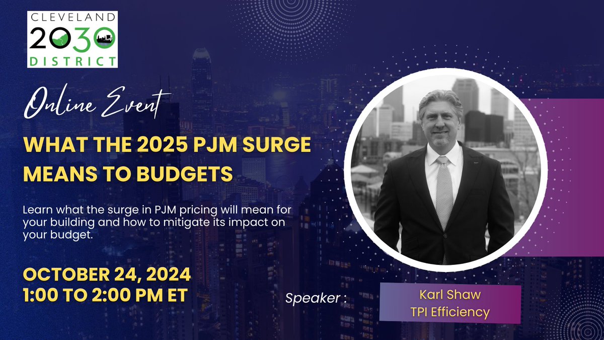 Our 1 hour education session on 10.24 at 1 PM ET will review the 2025 PJM price increase and how building owners can implement projects now to protect their budgets. Thanks to event sponsor <a href="/tpi_efficiency/">TPI Efficiency</a> Register: buytickets.at/cleveland2030d…