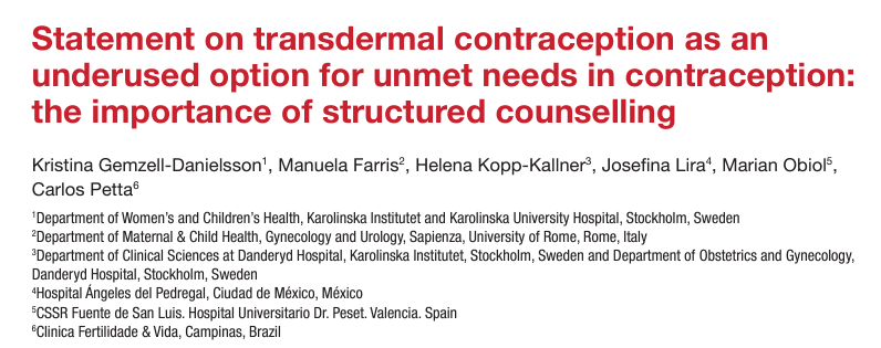The #transdermal #contraceptivepatch #Evrapatch has been available in #60countries for #20years. 

It has high #contraceptiveefficacy with an overall #PearlIndex of 0.90 and improved #compliance relative to #oralcontraception.

<a href="/INPer_mx/">INPer_mx</a> <a href="/MarianObiol/">Marian Obiol</a>

gremjournal.com/journal/02-03-…