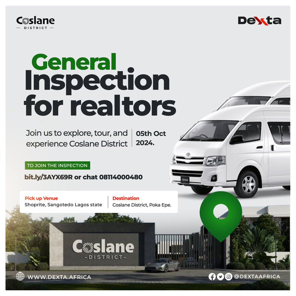 dextaafrica's tweet photo. Join Us for the Coslane District General Site Inspection! 

Date: Saturday, 5th of October, 2024  
Time: 9:00 AM  
Pick-Up Location: Shoprite Novare Mall, Sangotedo Lagos

🔗 Register now: https://t.co/JrYhkgEqKa or chat 08114000480 to secure your spot. https://t.co/SfjpFhlEoa