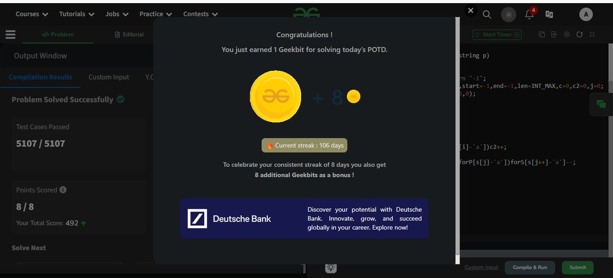 aksingh0x's tweet photo. 📅Day 15 of 21 Days POTD Challenge #geekstreak2024 powered by @DeutscheBank and Day 106 of @geeksforgeeks POTD.
🎯Solved - Smallest window in a string containing all the characters of another string✅.
#geekstreak2024 #DeutscheBank https://t.co/AEZbxhnEK6