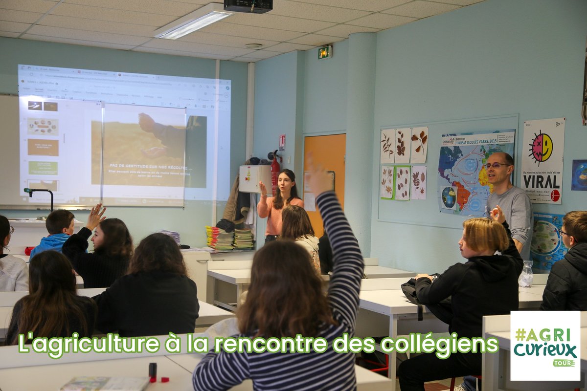 #𝐀𝐠𝐫𝐢𝐜𝐮𝐫𝐢𝐞𝐮𝐱𝐓𝐨𝐮𝐫 : 𝐮𝐧𝐞 𝐚𝐯𝐞𝐧𝐭𝐮𝐫𝐞 𝐩𝐞́𝐝𝐚𝐠𝐨𝐠𝐢𝐪𝐮𝐞 𝐞𝐧 𝟑 𝐞́𝐭𝐚𝐩𝐞𝐬
Le premier temps fort, ce sont les séances en classe de janvier à mars. Par 2 fois, les exploitants agricoles et les coopératives vont à la rencontre des collégiens en classe
