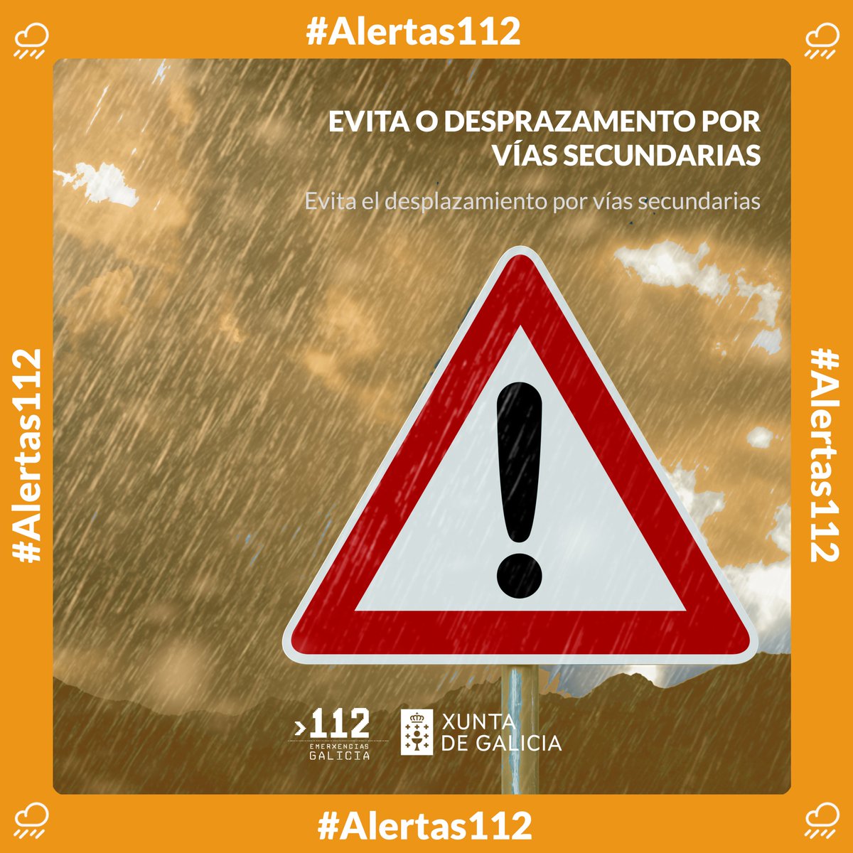 #Alertas112 🟠🌧️
Chuvias fortes e vento intenso en toda a comunidade galega.

🚨👉 axega112.gal/gl/alertas_act…

🔻
🔻
🔻

Lluvias fuertes y viento intenso en toda la comunidad gallega.

🚨👉 axega112.gal/es/alertas_act…