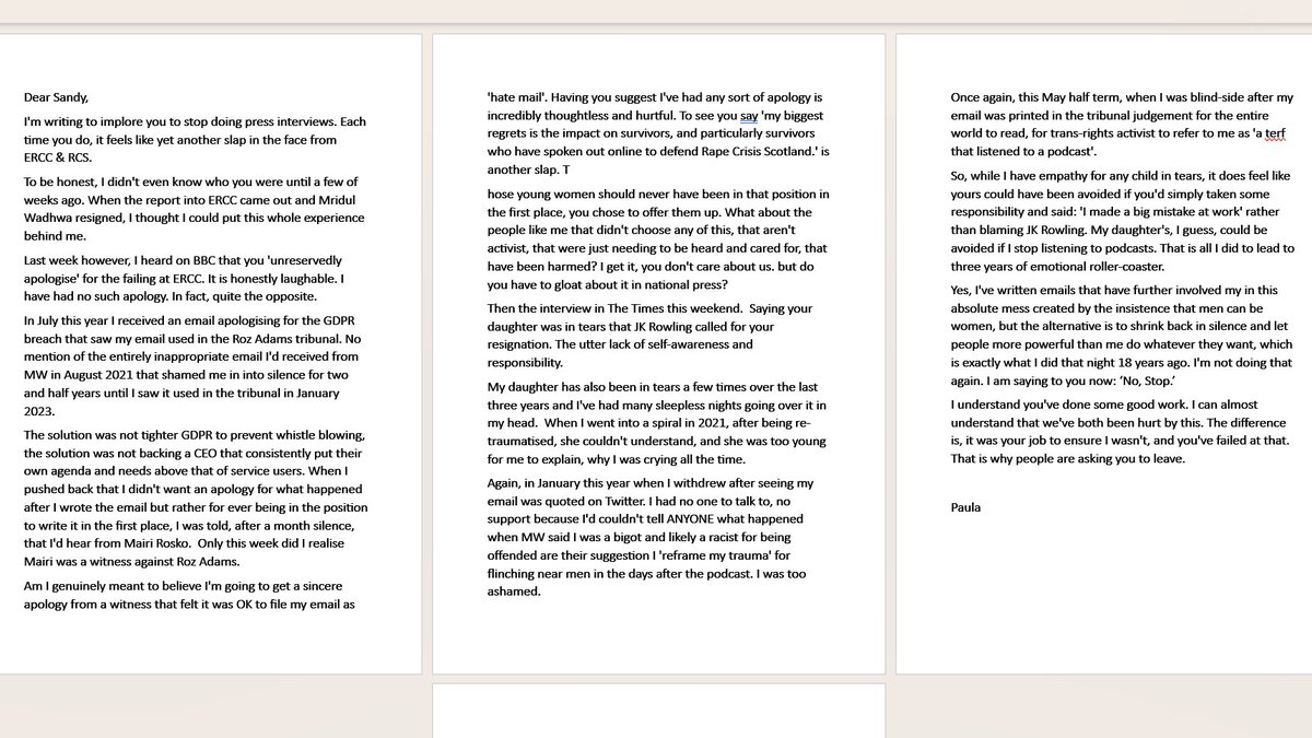 Rape survivor Paula has asked me to share the 'open letter' she has written to Sandy Brindley, head of Rape Crisis Scotland. 
I am happy to do so...