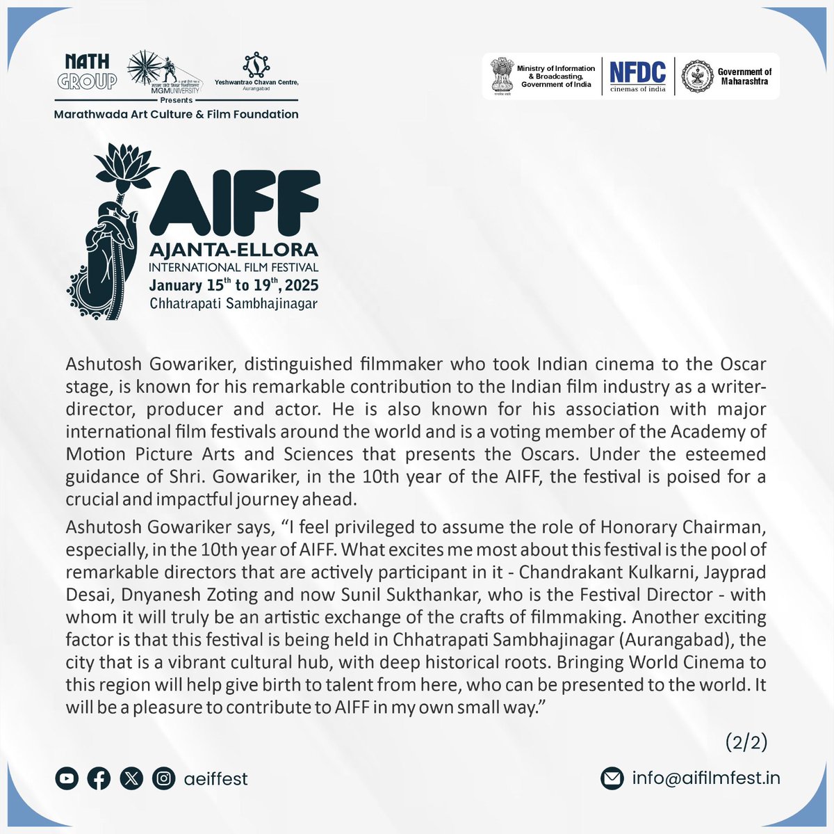 Ajanta-Ellora International Film Festival (@aeiffest) on Twitter photo Official Announcement!
We are honoured to welcome the legendary filmmaker Mr. Ashutosh Gowariker, as the Honorary Chairman for the Ajanta-Ellora International Film Festival. His vision and passion for cinema will undoubtedly elevate our festival to new heights!
- Team <a href="/aeiffest/">Ajanta-Ellora International Film Festival</a> Official Announcement!
We are honoured to welcome the legendary filmmaker Mr. Ashutosh Gowariker, as the Honorary Chairman for the Ajanta-Ellora International Film Festival. His vision and passion for cinema will undoubtedly elevate our festival to new heights!
- Team <a href="/aeiffest/">Ajanta-Ellora International Film Festival</a>