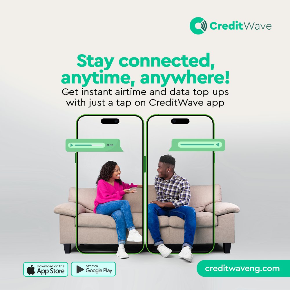 Stay connected with ease! 💬 Get instant airtime and data top-ups anytime, anywhere with just a tap on the CreditWave app! 
.
.
.
#CreditWave #StayConnected #AirtimeTopUp #DataTopUp #EasyRecharge #TechLife #DownloadNow