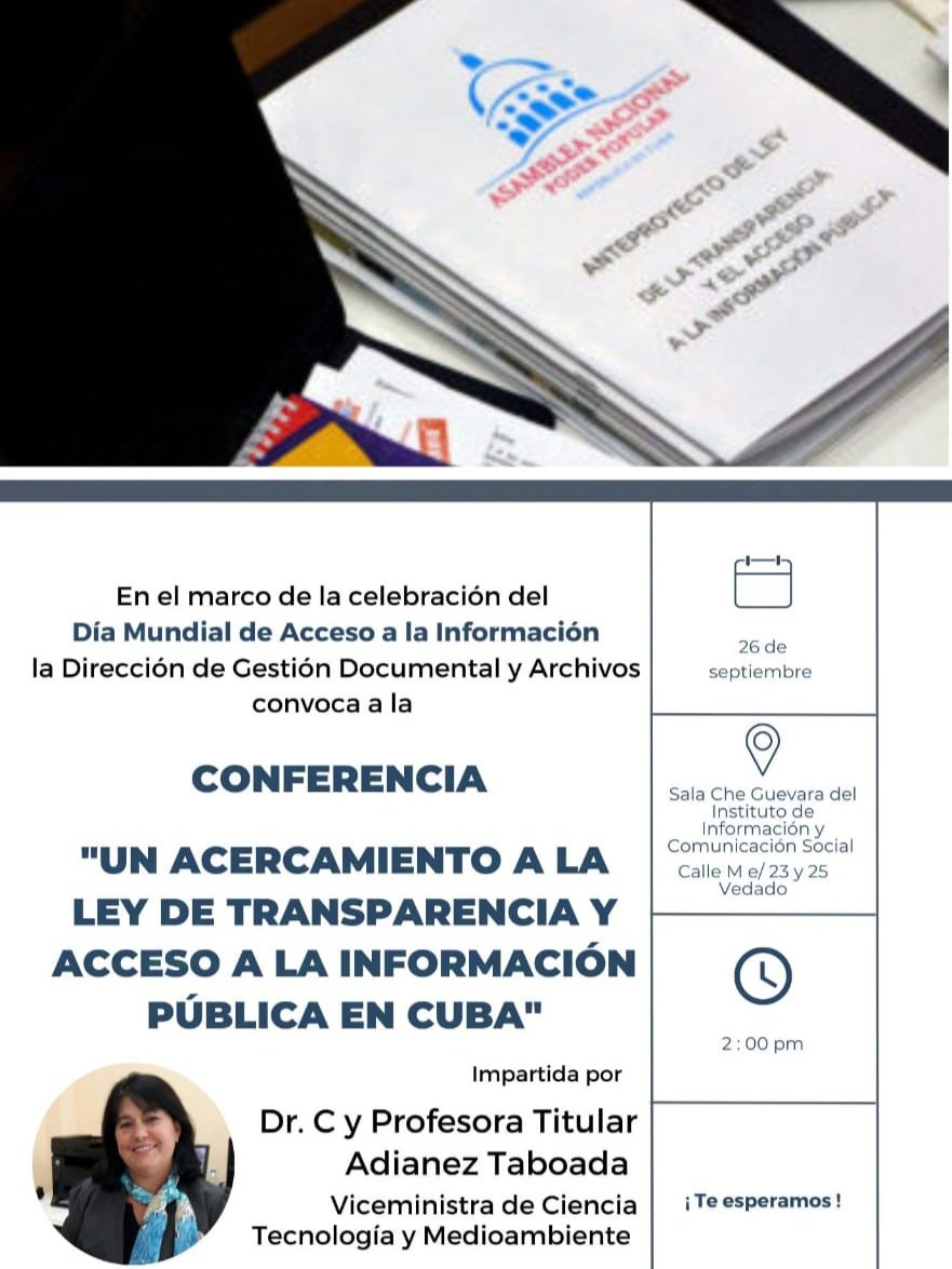 citmacuba's tweet photo. Por el Día Mundial de Acceso a  la Información, la Dirección de Gestión Documental y archivos de @citmacuba convoca a la conferencia Un acercamiento a la Ley de Transparencia y acceso a la información pública en Cuba, a cargo de la viceministra Adianez Taboada @adianez_taboada https://t.co/ABIoK1B5pF