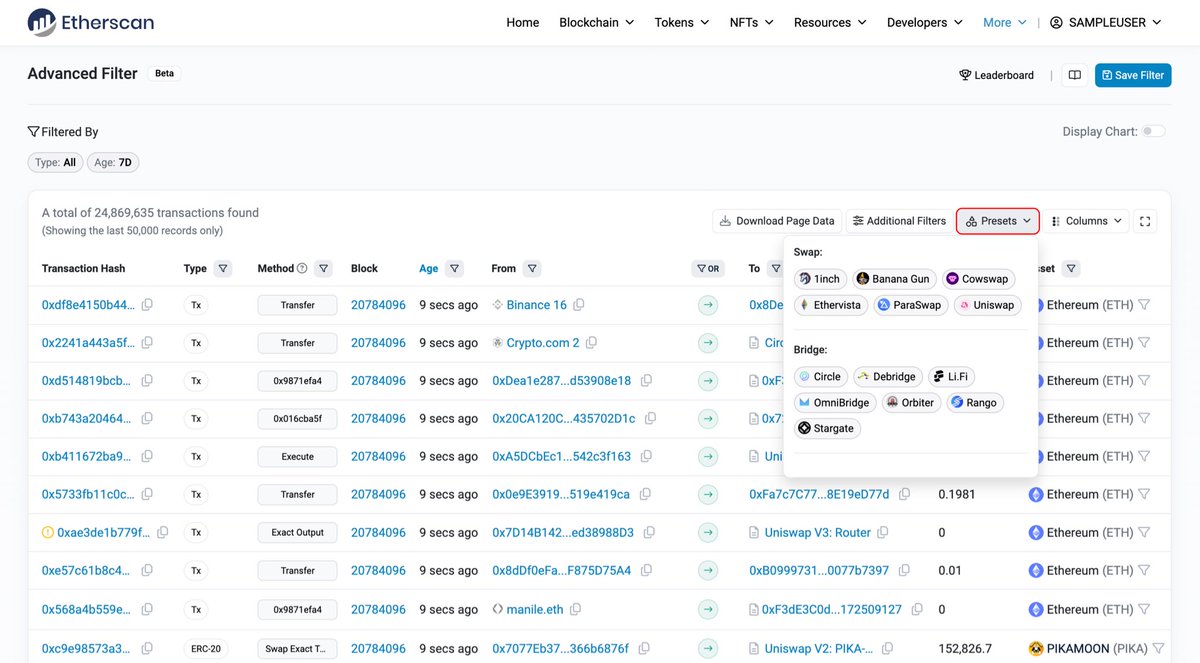 🆕 Advanced Filter Presets (Beta)

Quickly filter for specific smart contract interactions by using the new presets