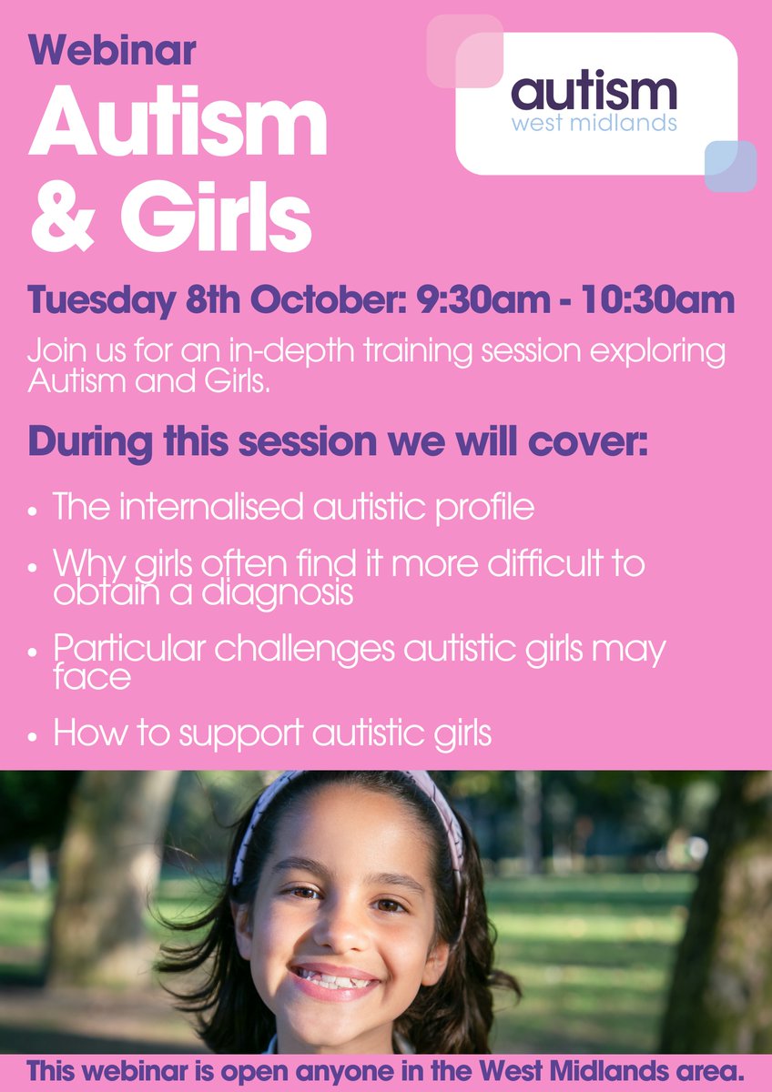 autismwestmids's tweet photo. Join us for our Autism and Girls webinar!
This will be an in-depth training session where we will cover a range of topics.

Register here: https://t.co/nM8NjSdxDp
Can’t join live? The recording will be available for two weeks. Open to everyone in the West Midlands! https://t.co/lNmSmdD5C4