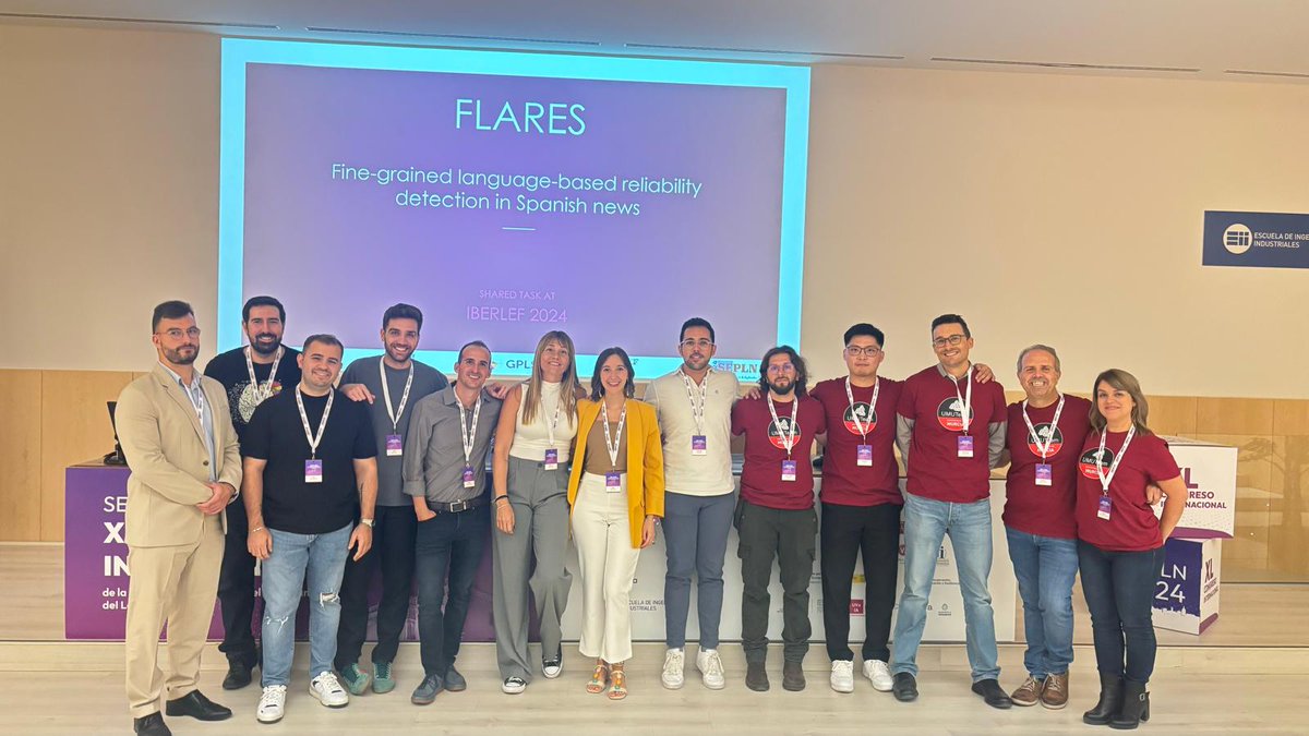 Hoy hemos presentado la tarea de evaluación FLARES en <a href="/iberlef/">IberLEF - Iberian Languages Evaluation Forum</a> como parte del congreso <a href="/sepln2024uva/">XL Congreso de la SEPLN Valladolid 2024</a>. Gracias a los participantes por vuestro trabajo estos meses y a todos los asistentes👏
 <a href="/gplsi/">GPLSI</a> <a href="/oeg_upm/">OEG UPM</a> <a href="/NLP_SINAI/">NLP_SINAI</a>