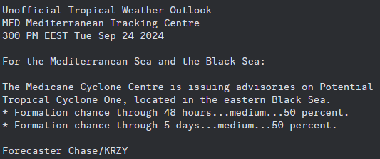 MedicaneTrack's tweet photo. UNOFFICIAL 3pm EEST September 24: There is a medium (50%🟠) chance of a tropical disturbance developing in the eastern Black Sea. 
#wx #wxtwitter #tropicswx #Medicane #PTC1 https://t.co/hzBqe4ZVuf