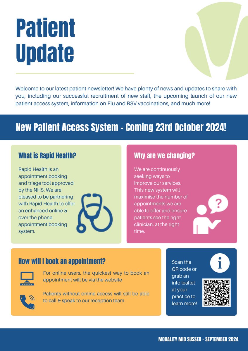 ModalityMidSuss's tweet image. We’re excited to share updates on our successful recruitment of new staff, the upcoming launch of our new patient access system, Flu and RSV vaccination information, and much more! Click here to view - tinyurl.com/3fw389zp