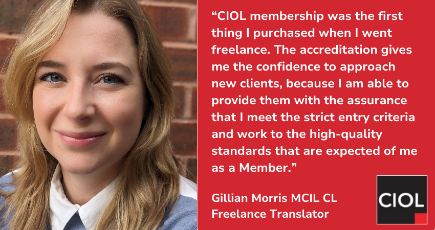 CIOL_Linguists's tweet image. Be Recognised, be Accredited, be Chartered, be CIOL… just like Gillian Morris, Freelance Translator, MCIL and Chartered Linguist.
Join our community of language professionals today:
ciol.org.uk/membership-ove…
#CIOL #Translators #Interpreters #Languages #Professional